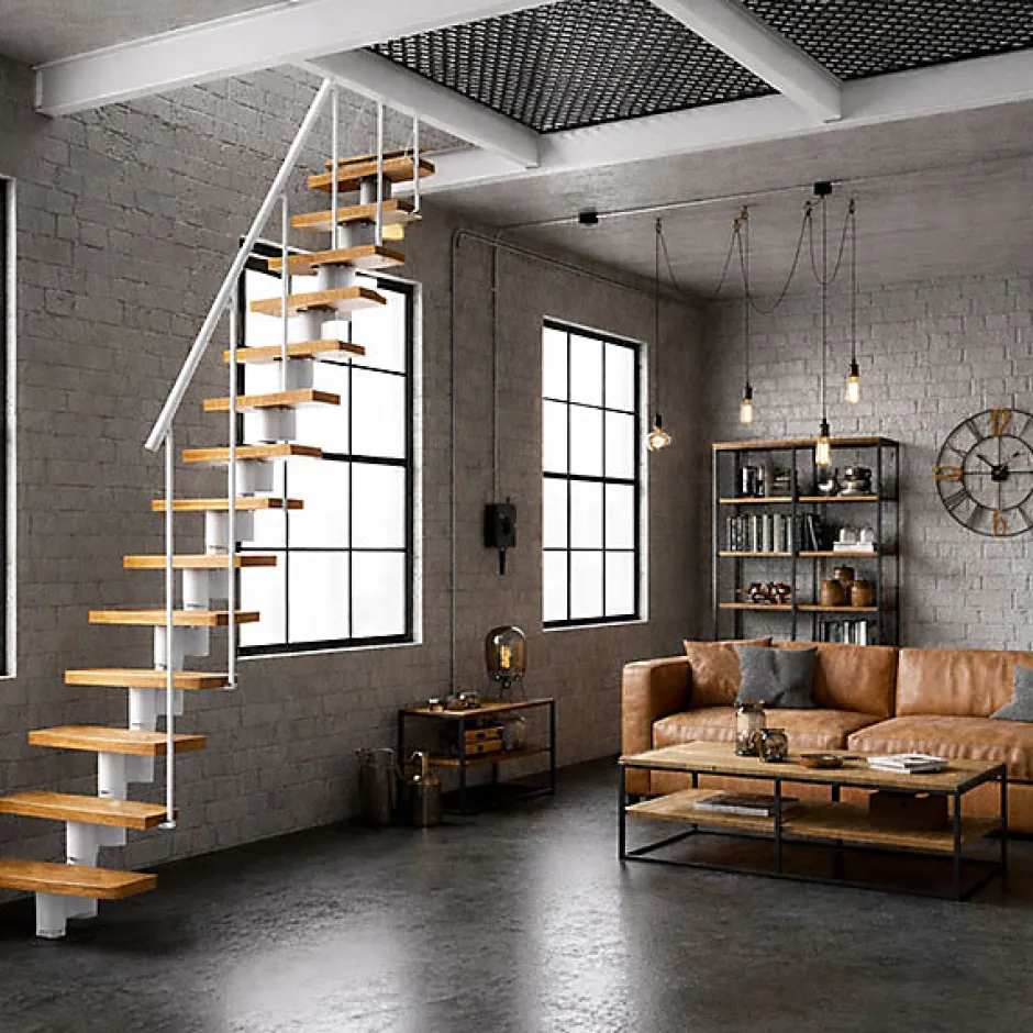 Matisere Escalier droit 11 marches - Hauteur à franchir 2.06 à 2.70m - Largeur 65cm - Structure blanche et marche hêtre - NIZZA60/I/BN-11