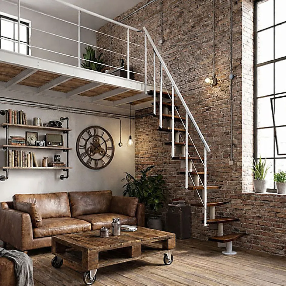 Escalier droit 11 marches - Hauteur à franchir 2.06 à 2.70m - Largeur 65cm - Structure blanche et marche noyer --Matisere