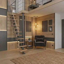 Matisere Escalier droit 13 marches - Hauteur à franchir 2.41 à 3.17m - Largeur 65cm - Structure grise et marche hêtre - NIZZA60/I/GH-13