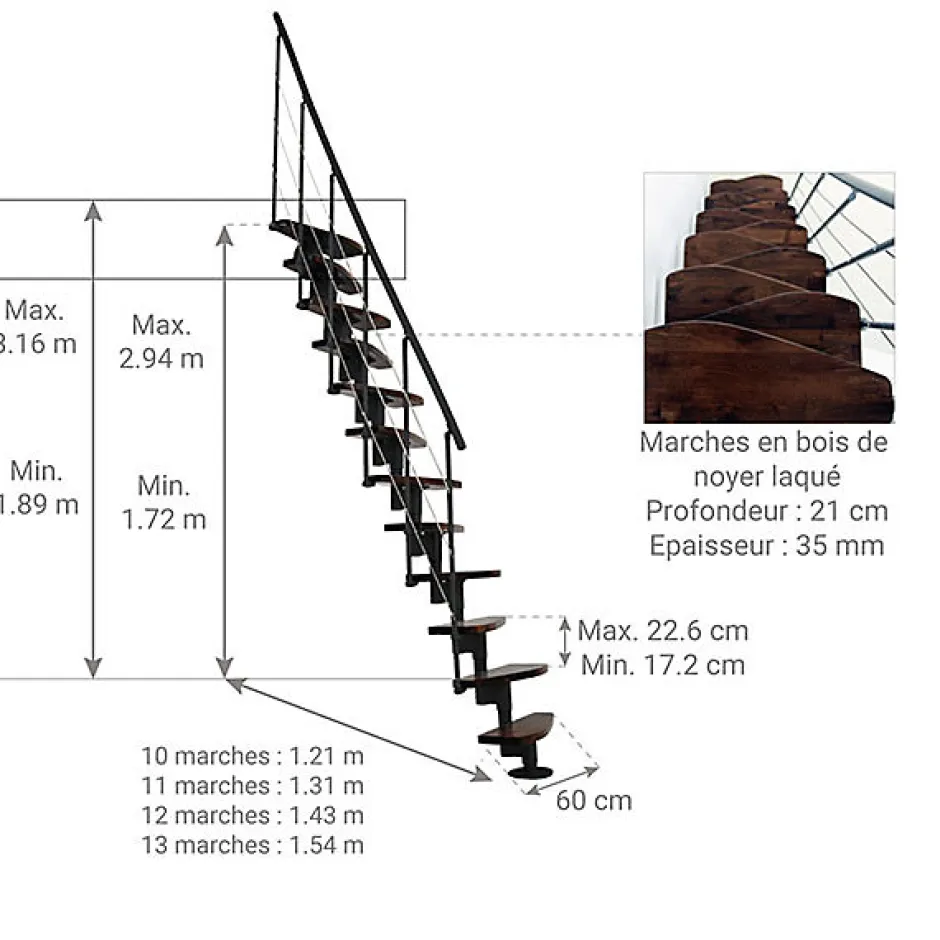 Matisere Escalier droit 12 marches - Hauteur à franchir 2.23 à 2.94m- Largeur 65cm - Structure noire et marche noyer - NIZZA60/I/SNMNO-12