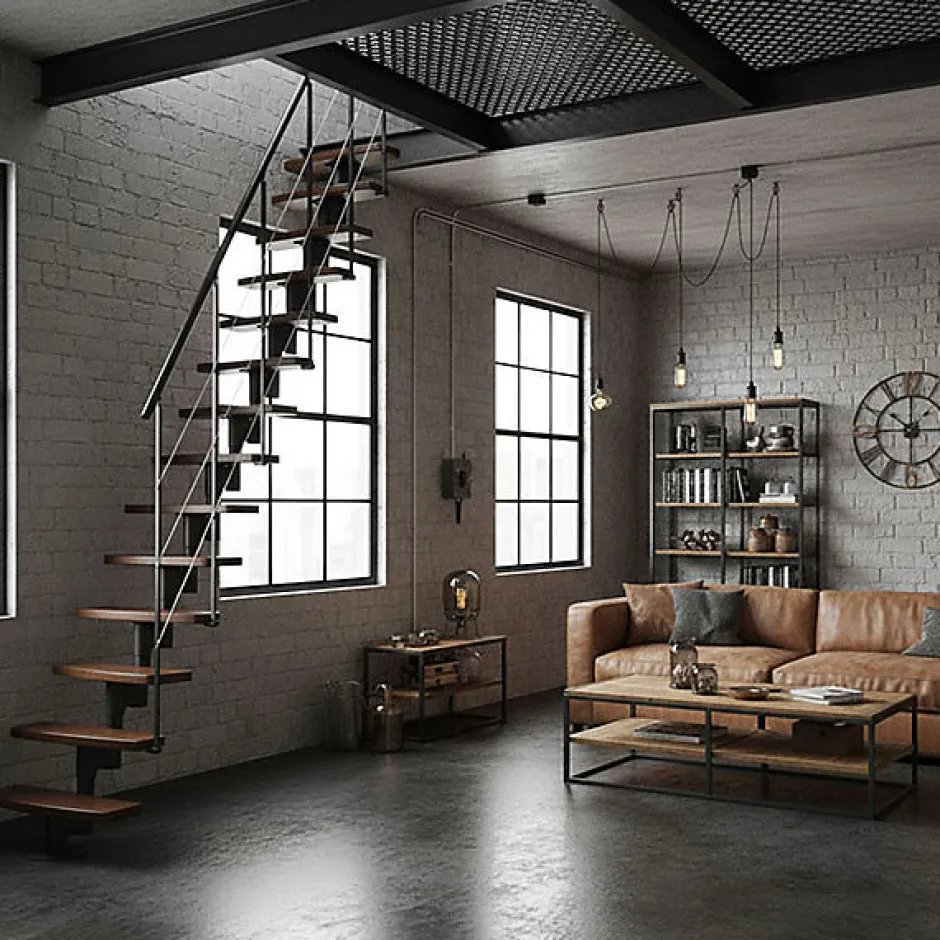 Matisere Escalier droit 12 marches - Hauteur à franchir 2.23 à 2.94m- Largeur 65cm - Structure noire et marche noyer - NIZZA60/I/SNMNO-12