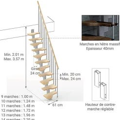 Matisere Escalier droit 12 marches - Hauteur à franchir de 2.61 à 3.09m - Largeur 61cm - Couleur naturel et blanc - MINI61/I/SGMNAT-12