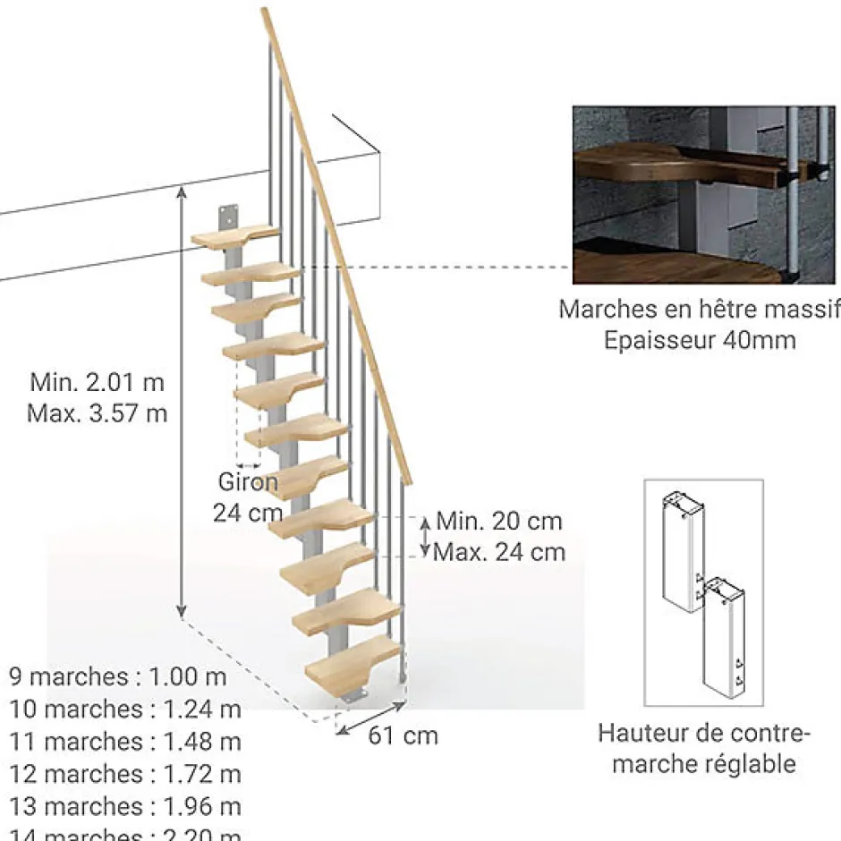 Matisere Escalier droit 12 marches - Hauteur à franchir de 2.61 à 3.09m - Largeur 61cm - Couleur naturel et blanc - MINI61/I/SGMNAT-12