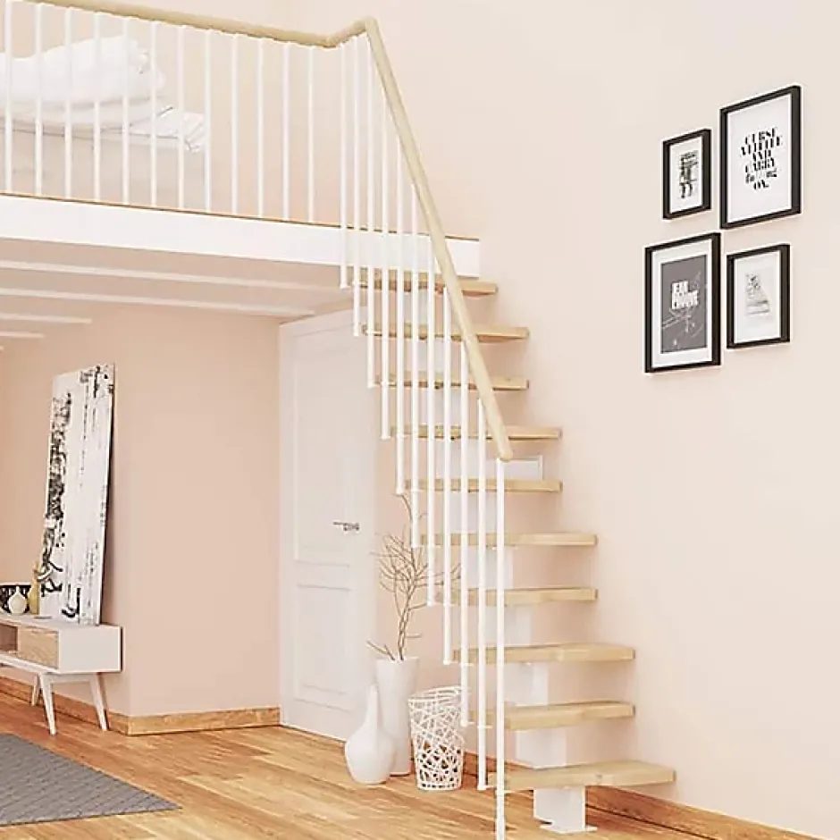 Matisere Escalier droit 12 marches - Hauteur à franchir de 2.61 à 3.09m - Largeur 61cm - Couleur naturel et blanc - MINI61/I/SGMNAT-12