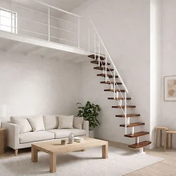 Escalier droit 13 marches - Hauteur à franchir 2.41 à 3.17m - Largeur 65cm - Structure blanche et marche noyer --Matisere Online