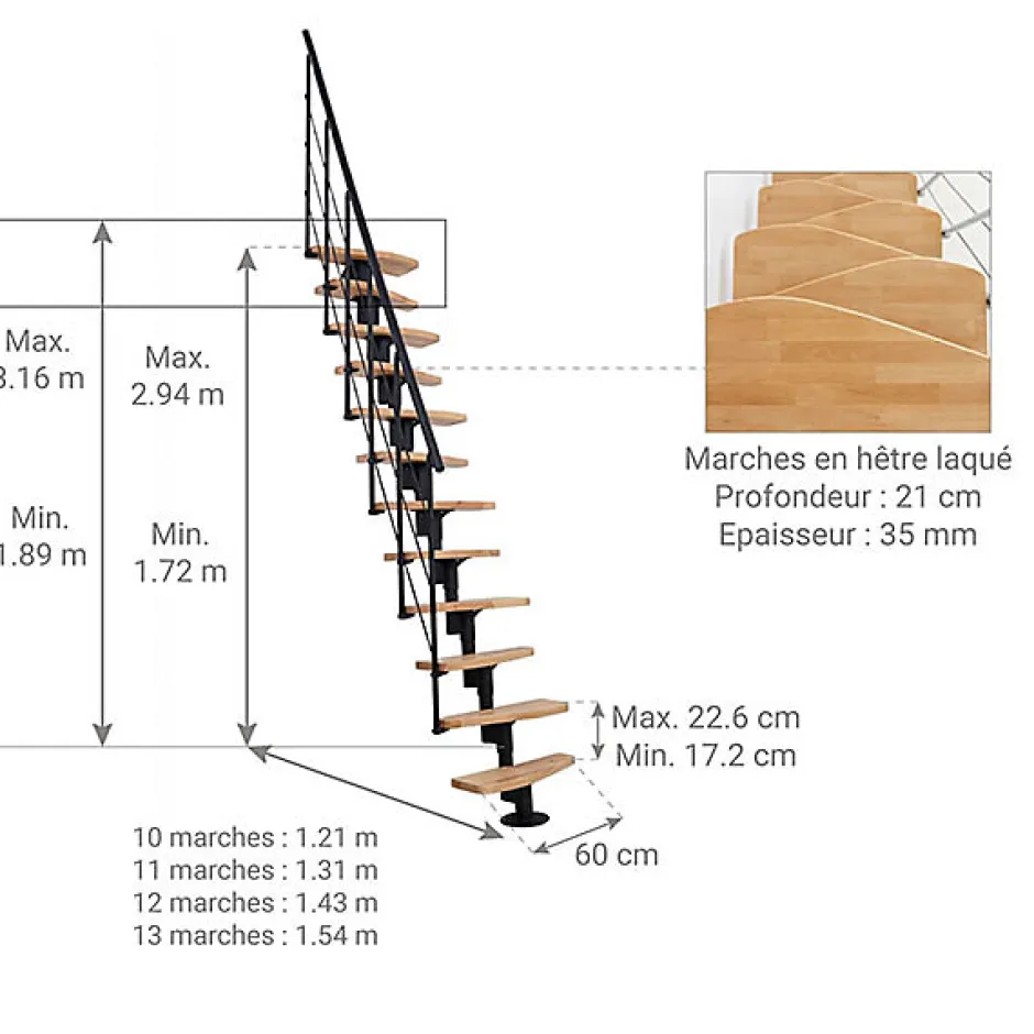 Matisere Escalier droit 13 marches - Hauteur à franchir 2.41 à 3.17m - Largeur 65cm - Structure noire et marche hêtre - NIZZA60/I/NH-13