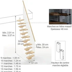 Escalier droit 11 marches - Hauteur à franchir de 2.41 à 2.85m - Largeur 61cm - Couleur naturel et blanc - MINI61/I/SBMNAT-11-Matisere Outlet