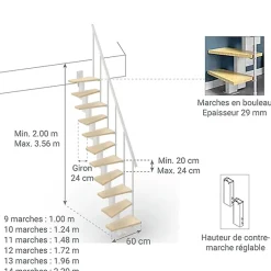Matisere Escalier droit 10 marches - Hauteur à franchir de 2.20 à 2.60m - Largeur 60cm - Couleur bois et blanc - SMALL60/I-SBNAT-10