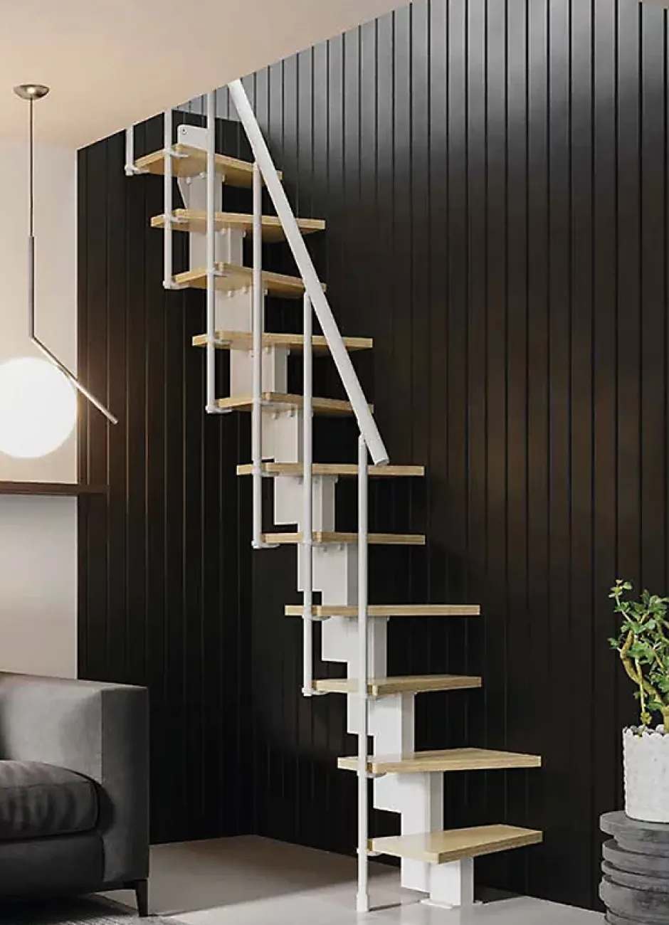 Matisere Escalier droit 10 marches - Hauteur à franchir de 2.20 à 2.60m - Largeur 60cm - Couleur bois et blanc - SMALL60/I-SBNAT-10