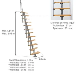 Matisere Escalier droit 9 marches - Hauteur à franchir 1.72 à 2.26m - Gris et hêtre - TWISTER60-I-GH-9