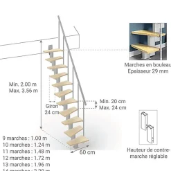 Matisere Escalier droit 11 marches - Hauteur à franchir de 2.40 à 2.84m - Largeur 60cm - Couleur bois et blanc - SMALL60/I-SGNAT-11