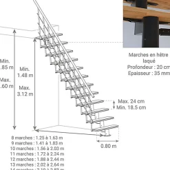 Escalier droit 11 marches - Hauteur à franchir 2.41 à 2.88m- Largeur 80cm - Structure grise et marche noyer - COMFO80/I/GN-11-Matisere Sale
