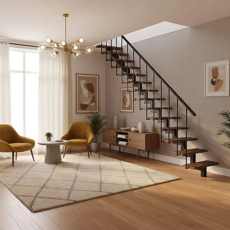 Matisere Escalier droit 12 marches - Hauteur à franchir 2.59 à 3.12m - Noir et bois - COMFO80/I/NB-12