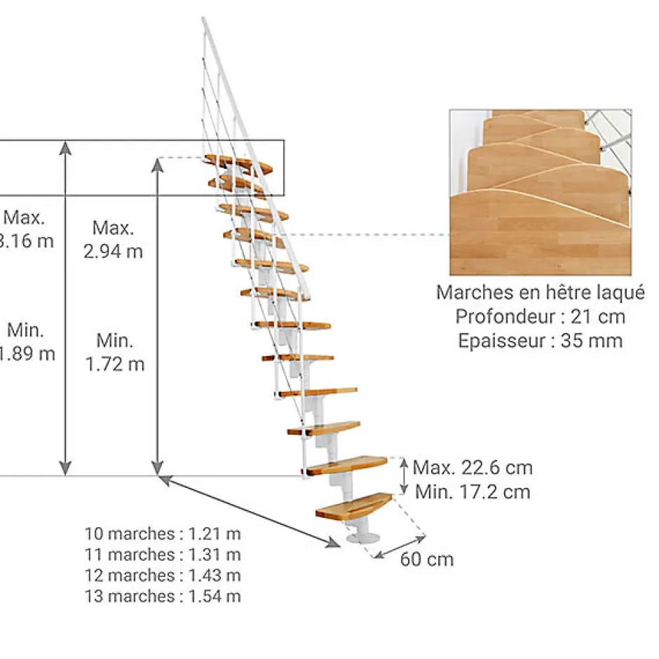 Matisere Escalier droit 12 marches - Hauteur à franchir 2.23 à 2.94m - Largeur 65cm - Structure blanche et marche hêtre - NIZZA60/I/BN-12
