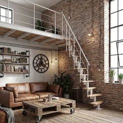 Matisere Escalier droit 12 marches - Hauteur à franchir 2.23 à 2.94m - Largeur 65cm - Structure blanche et marche hêtre - NIZZA60/I/BN-12