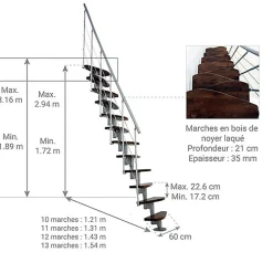 Escalier droit 12 marches - Hauteur à franchir 2.23 à 2.94m- Largeur 65cm - Structure grise et marche noyer - NIZZA60/I/SGMNO-12-Matisere