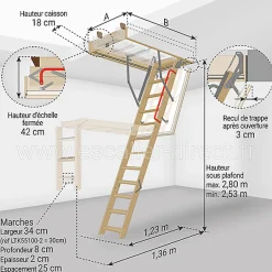 Matisere Escalier escamotable isolé - Trémie de 55 x 100cm - Hauteur de 2.53 à 2.80m - LTK55100-2