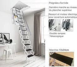 Matisere Escalier Grenier Electrique - Trappe 70x120cm - Hauteur 2.76 à 3.05m - ACI-THE300B/120X70