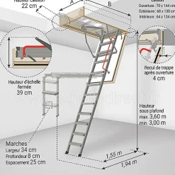 Escalier métal coupe feu 60min - 3.60m sous plafond - Trémie 70x144cm - LMF60/70144-360-Matisere Discount