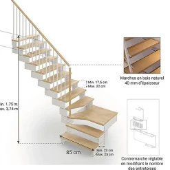 Escalier quart tournant 9 marches - Hauteur à franchir de 1.85 à 2.20m - Largeur 85 cm - Bois et blanc - Rampe verticale --Matisere Clearance