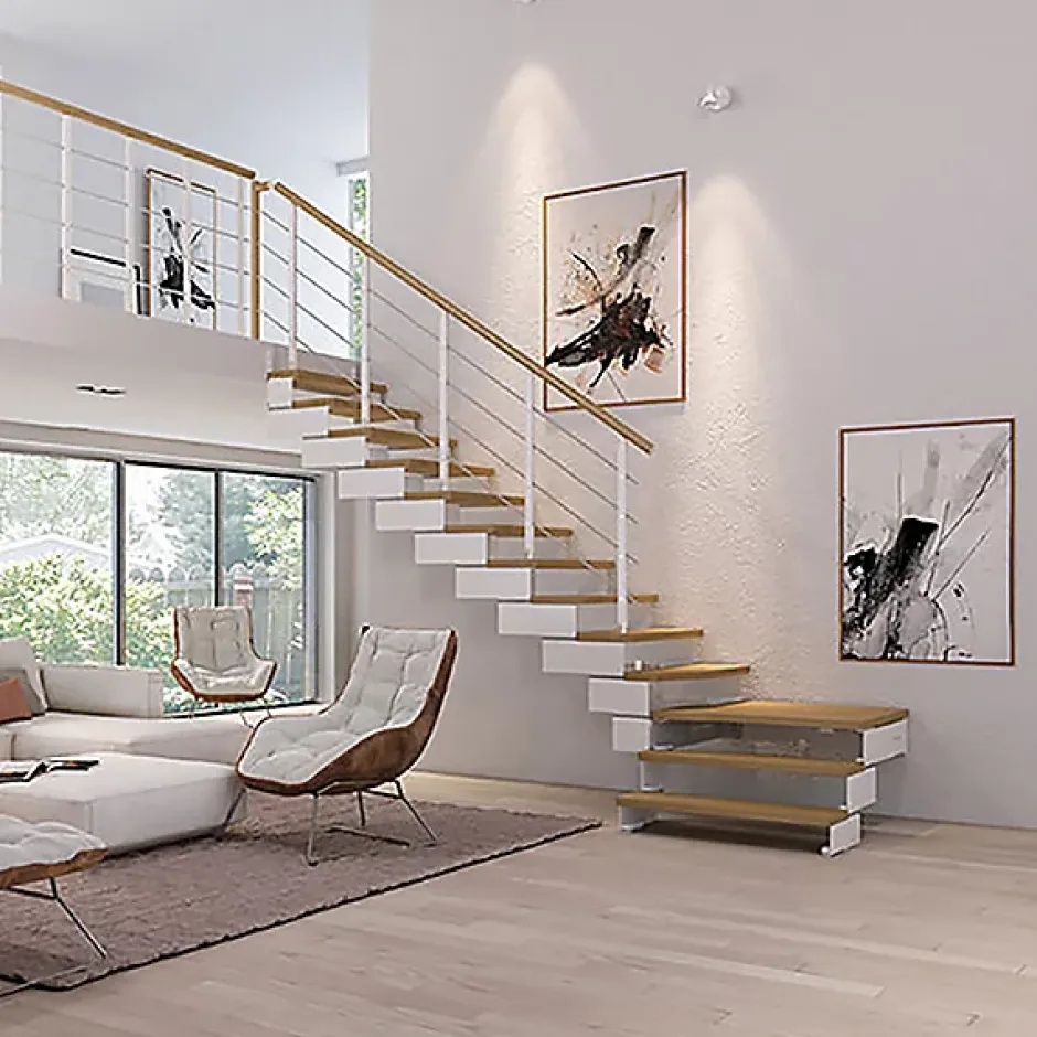 Matisere Escalier quart tournant 13 marches - Hauteur à franchir de 2.45 à 3.08m - Largeur 85 cm - Bois et blanc - Rampe horizontale -