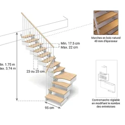 Matisere Escalier quart tournant 9 marches - Hauteur à franchir de 1.95 à 2.20m - Largeur 95 cm - Bois et blanc - Rampe horizontale -