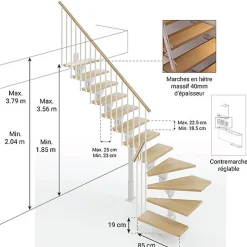 Matisere Escalier quart tournant 14 marches - Hauteur à franchir de 2.78 à 3.34m - Largeur 85cm - Limon central - Bois et blanc -