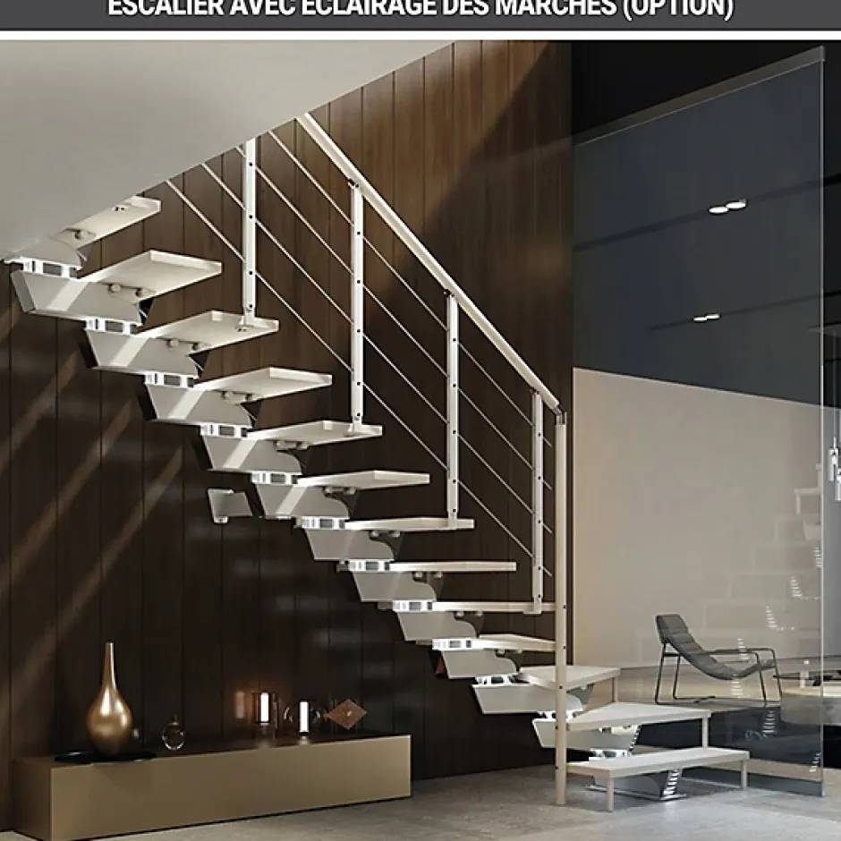 Matisere Escalier quart tournant 10 marches - Hauteur à franchir de 2.04 à 2.44m - Largeur 95cm - Limon central - Bois et blanc -