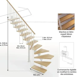 Escalier quart tournant 11 marches - Hauteur à franchir de 2.23 à 2.66m - Largeur 95cm - Limon central - Bois et blanc --Matisere Discount
