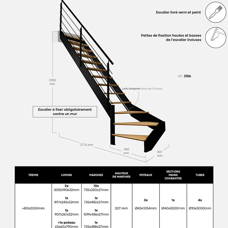 Kordo Escalier quart-tournant gauche noir avec garde-corps à LED intégrées, Spectra