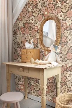 papier peint fleurs rétro vieux rose et beige - 53 cm x 10.05 m - 130966-Estahome