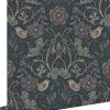 Estahome papier peint fleurs et oiseaux bleu foncé et vieux rose - 53 cm x 10.05 m - 139832