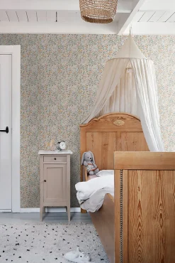 papier peint fleurs bleu grisâtre, rose terracotta et vert - 53 cm x 10.05 m - 139837-Estahome Sale