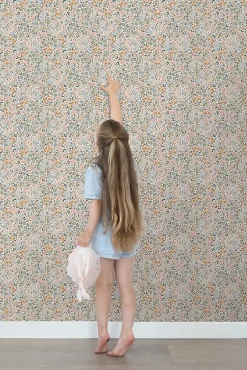 papier peint fleurs bleu grisâtre, rose terracotta et vert - 53 cm x 10.05 m - 139837-Estahome Sale