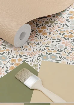 papier peint fleurs bleu grisâtre, rose terracotta et vert - 53 cm x 10.05 m - 139837-Estahome Sale