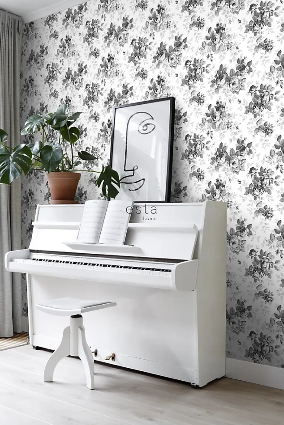 papier peint roses noir et blanc - 53 cm x 10.05 m - 138112-Estahome Hot