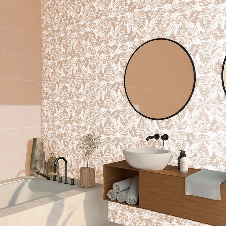 Etile Faïence murale beige sable décor feuillage 2D mat L.90 x l.30 cm x ép.10,5 mm, Aspen