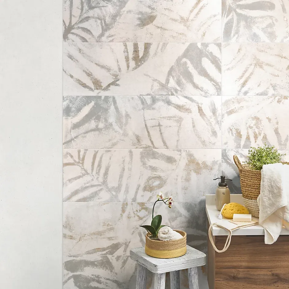 Faïence murale décor effet béton beige cream satin L.90 x l.30 cm x ép.10 mm, Brush