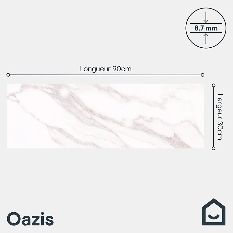 GoodHome Faïence murale effet marbre blanc brillant L.90 x l.30 cm x ép.8,7 mm, Oazis