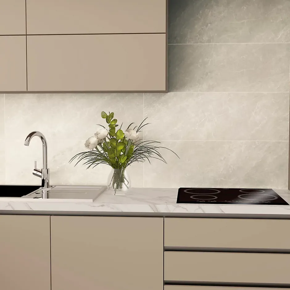 Faïence murale effet marbre taupe brillant L.90 x l.30 cm x ép.10,5 mm, Balmoral-Baldocer