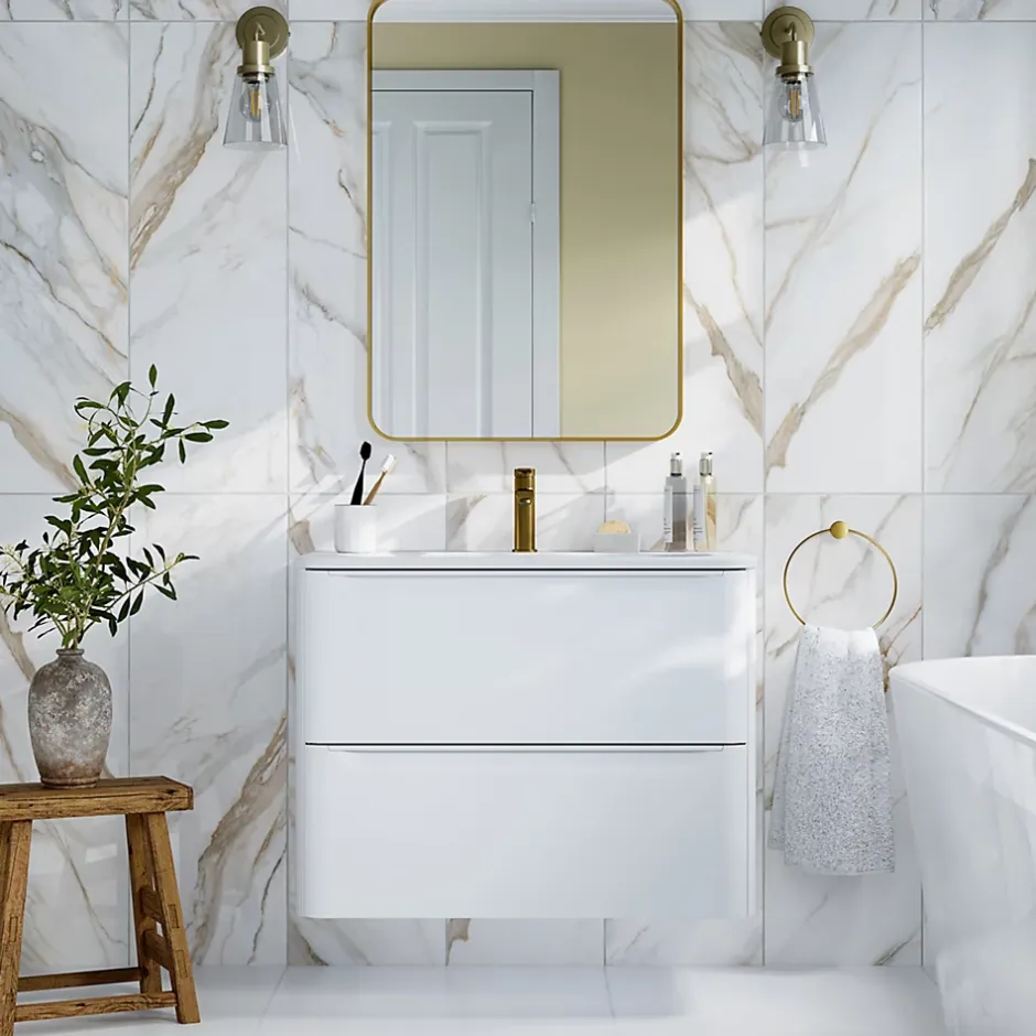 GoodHome Faïence murale effet marbre brillant blanc et doré L.90 x l.30 cm x ép.8,7 mm, Oazis