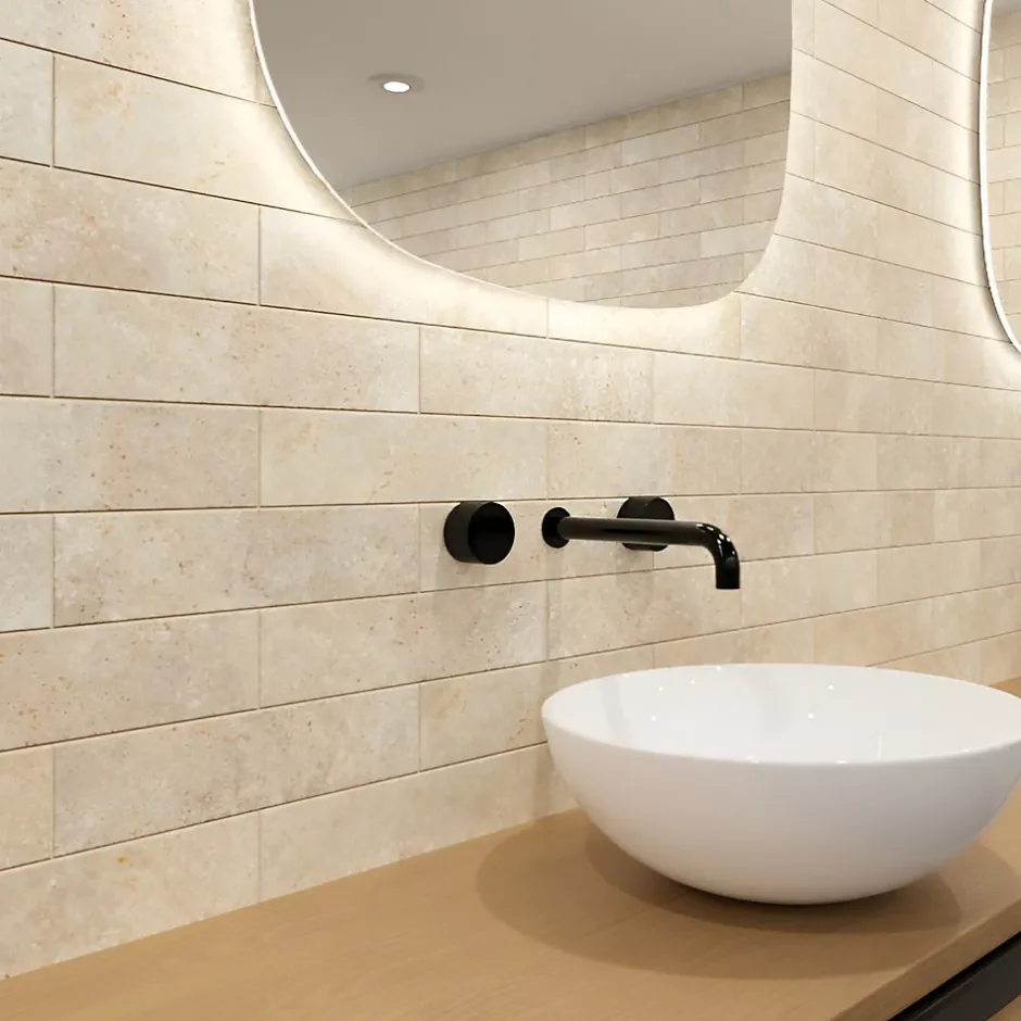 Faïence murale effet travertin beige mat L.30 x l.7 cm, Minerra- Outlet