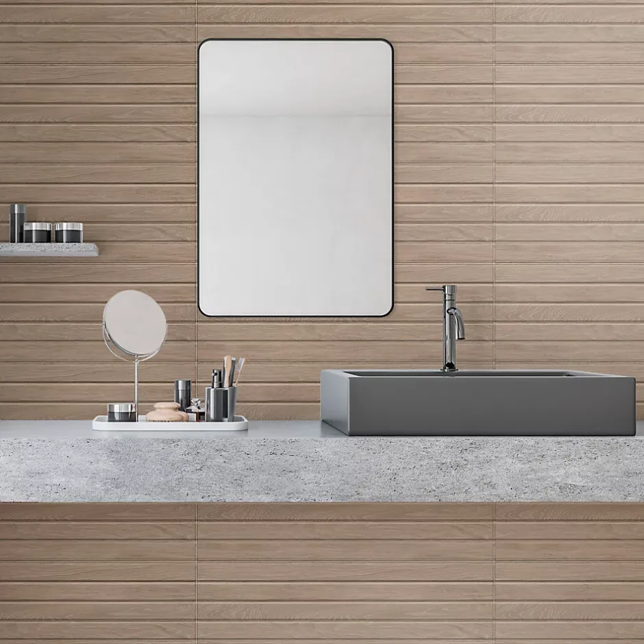 Faïence murale intérieur effet bois mat décor lamelles L.90 x l.30 cm x ép.10,8 mm, Bois 3D