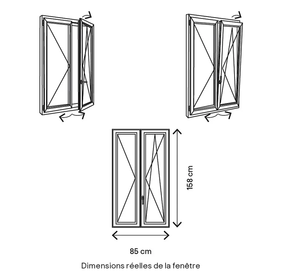 Fenêtre 2 vantaux oscillo-battante, tirant droit double vitrage en PVC blanc l.85 x H.158 cm-GoodHome