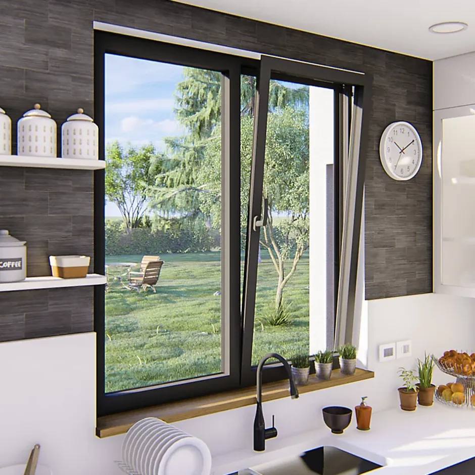 GoodHome Fenêtre 2 vantaux oscillo-battante, tirant droit double vitrage en aluminium gris l.123 x H.107 cm