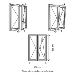 Fenêtre 2 vantaux oscillo-battante, tirant droit double vitrage en PVC blanc l.105 x H.188 cm-GoodHome Sale