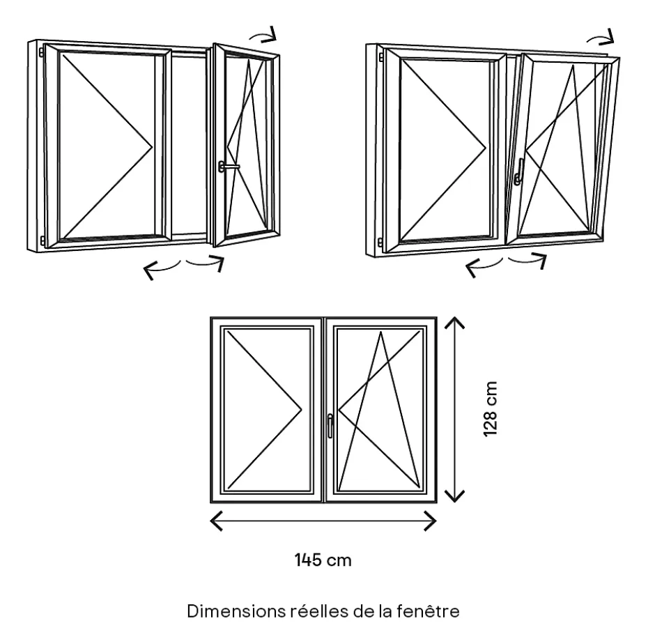 Fenêtre 2 vantaux oscillo-battante, tirant droit double vitrage en PVC blanc l.145 x H.128 cm-GoodHome Hot