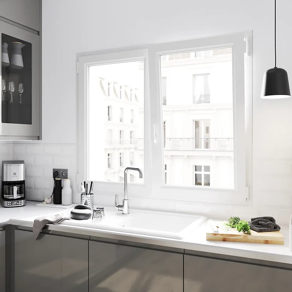 Fenêtre 2 vantaux oscillo-battante, tirant droit double vitrage en PVC blanc l.95 x H.108 cm-GoodHome Sale