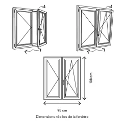 Fenêtre 2 vantaux oscillo-battante, tirant droit double vitrage en PVC blanc l.95 x H.108 cm-GoodHome Sale