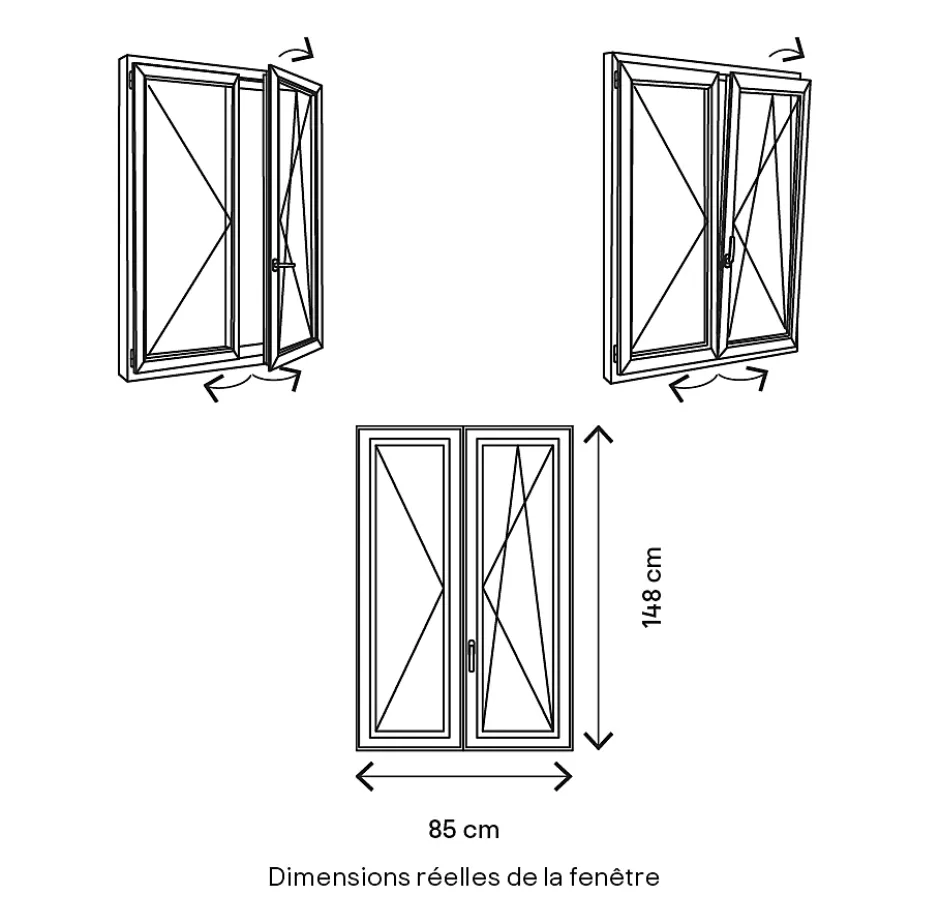 Fenêtre 2 vantaux oscillo-battante, tirant droit double vitrage en PVC blanc l.85 x H.148 cm-GoodHome Discount